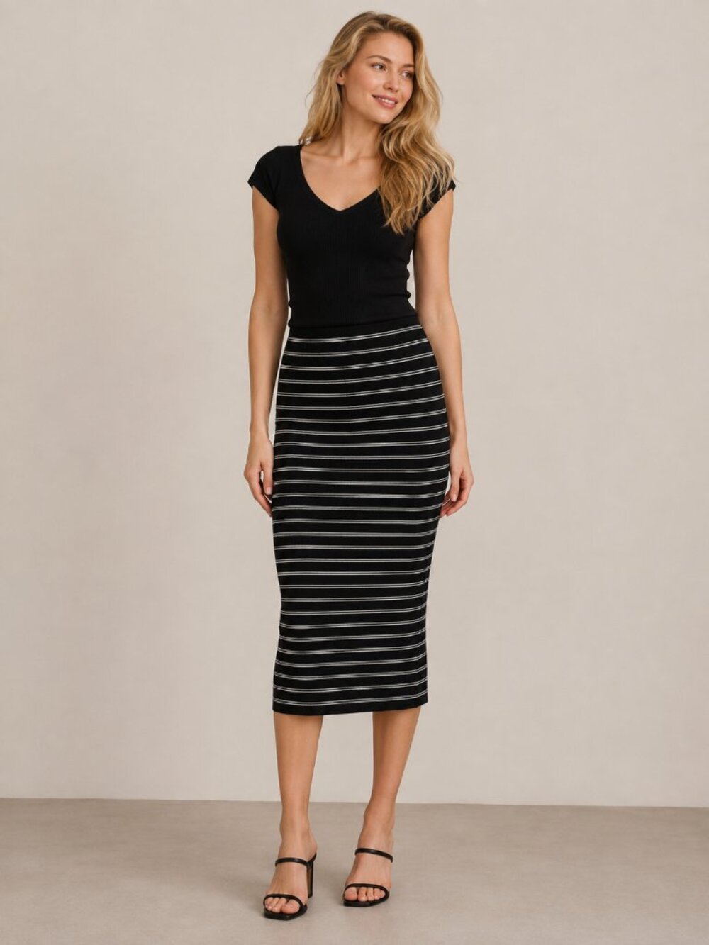 White House Black Market Midi Stretch Pencil Skirt Striped Black Ecru XS #A3952